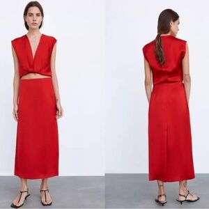 Zara red satin effect midi slip skirt cropped twist front blouse top set M NWOT